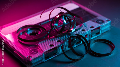 Wallpaper Mural A vintage cassette tape with its magnetic tape spilling out, illuminated by vibrant pink and blue lights, evoking a sense of nostalgia and retro audio technology Torontodigital.ca