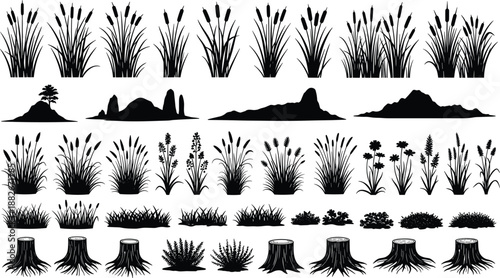 Grass and plant silhouette collection featuring bushes, reeds, flowers, ground cover, and tree stumps for landscaping and nature design in clean black vector illustration style