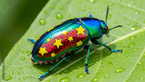 Wallpaper Mural Mesmerizing close-up of a brilliantly colored jewel beetle, displaying its iridescent green and blue shell alongside unique red and yellow star patterns, glistening on a dew-covered leaf Torontodigital.ca