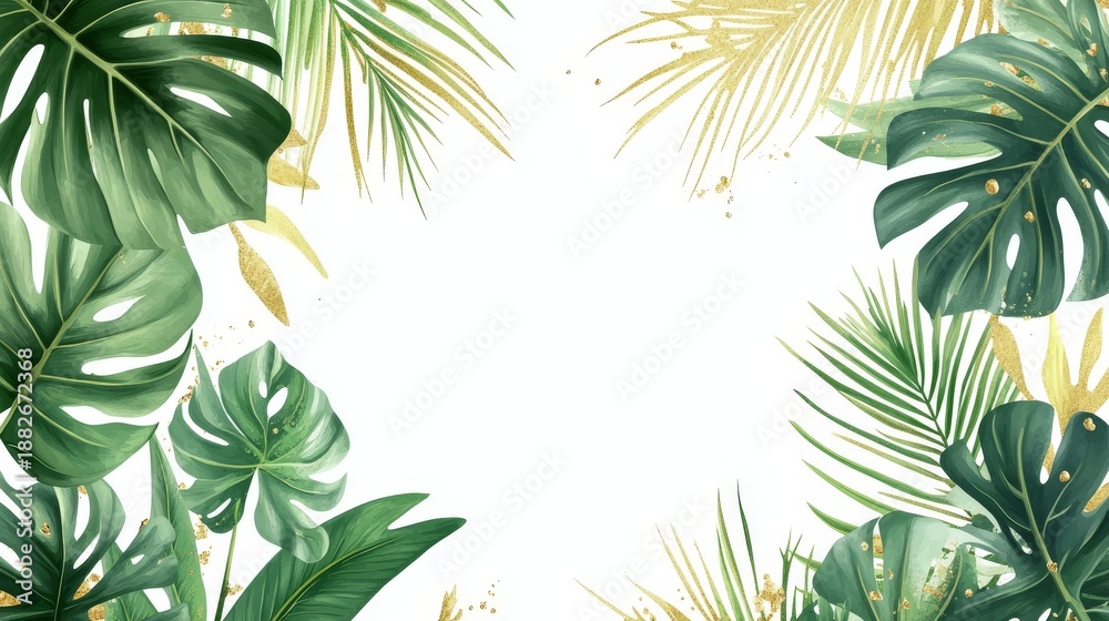 Obraz premium 74.Round tropical frame design featuring lush green palm leaves, monstera foliage, and delicate golden accents on a white background for summer invitations.