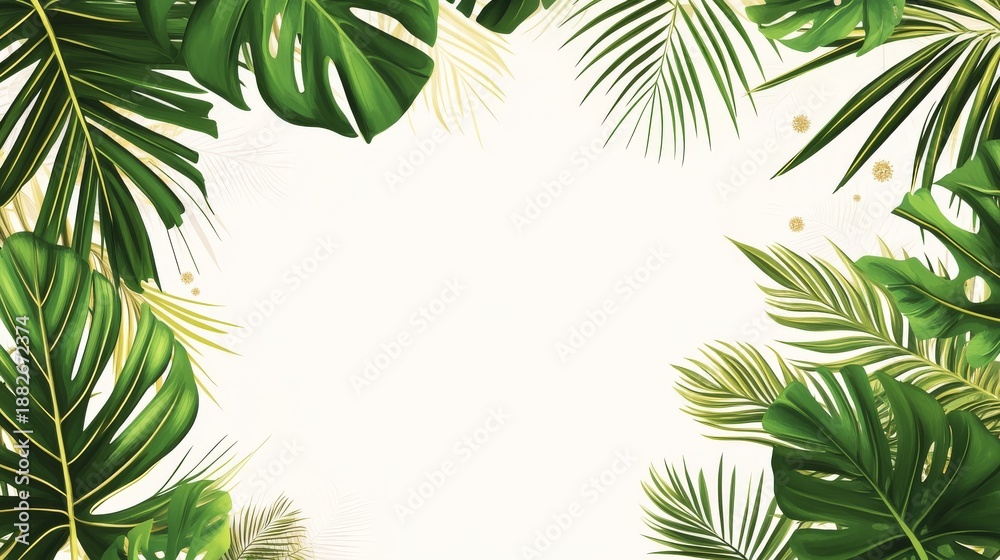 Obraz premium 74.Round tropical frame design featuring lush green palm leaves, monstera foliage, and delicate golden accents on a white background for summer invitations.