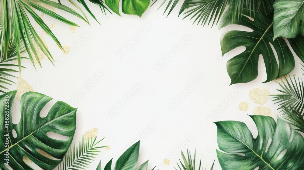 Obraz premium 74.Round tropical frame design featuring lush green palm leaves, monstera foliage, and delicate golden accents on a white background for summer invitations.