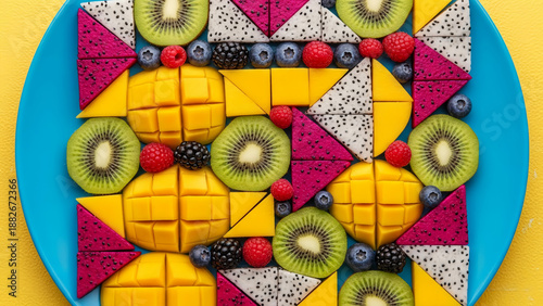 Wallpaper Mural Vibrant geometric fruit mosaic platter featuring fresh mango, kiwi, dragon fruit, and mixed berries, artfully arranged for a healthy, refreshing snack Torontodigital.ca