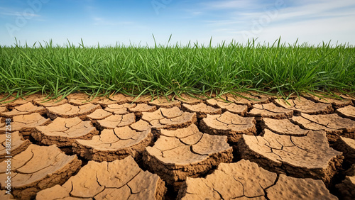 Wallpaper Mural Dry cracked earth contrasted with vibrant green grass, symbolizing drought and nature's resilience Torontodigital.ca