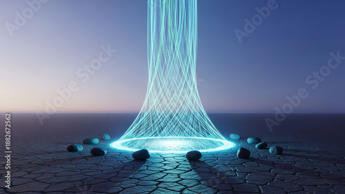 Wallpaper Mural Powerful blue energy beam ascends from a glowing stone circle on cracked, arid ground, symbolizing advanced data transfer, digital connectivity, futuristic technology, and mystical portal concepts Torontodigital.ca