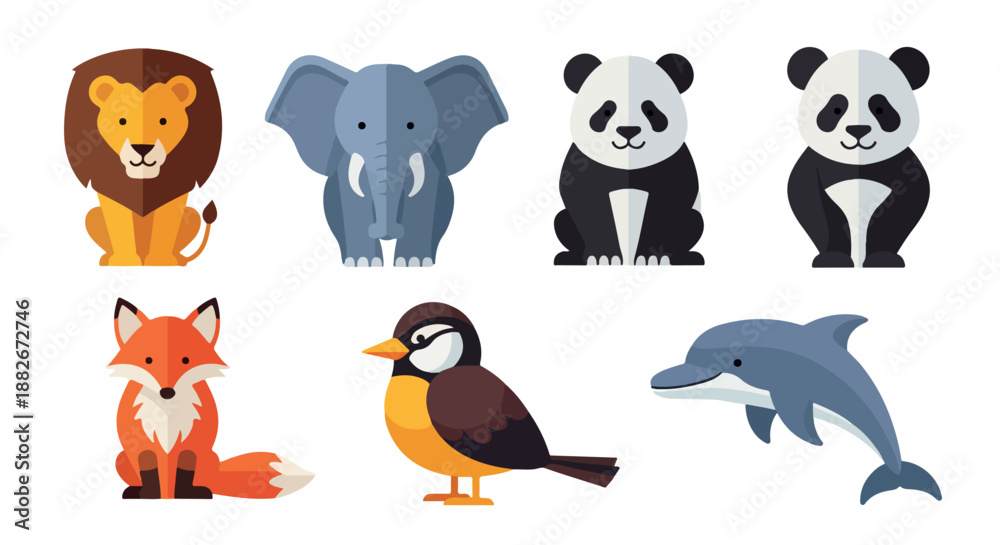 Obraz premium Lion elephant panda fox bird dolphin set with transparent background