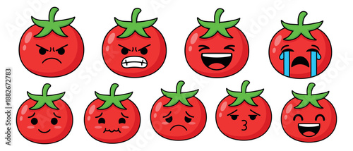 Cartoon style tomato emoji set featuring various facial expressions for emotional communication and design projects