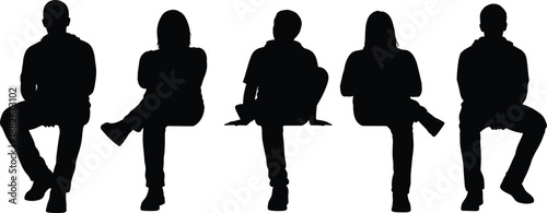 Seated silhouette figures, posture variation vector, black illustration art, body language design, casual sitting pose, cad drawing flat vector illustration