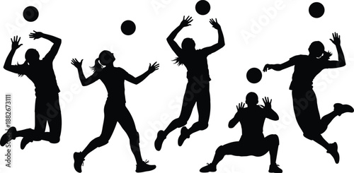 Volleyball players silhouette, dynamic action vector, athletic movement, black sports illustration, ball interaction pose, cad drawing flat vector illustration