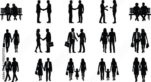 Human interaction silhouettes, social connection vector, family and business poses, black illustration art, cad drawing flat vector illustration, relationship design
