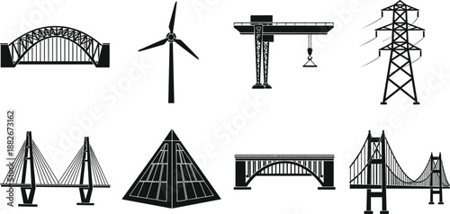 Engineering silhouettes, bridge vector, wind turbine, transmission tower, crane design, infrastructure icons, cad drawing flat vector illustration, black construction elements