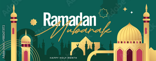 Islamic festival poster background design with mosque, flower, arabic calligraphy, crescent moon and lantern. Suitable for Ramadan Kareem , Hari Raya, Eid Mubarak, Eid al Adha.