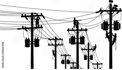 Utility workers silhouette, electrical pole maintenance, power line safety, infrastructure repair, black vector art, cad drawing flat vector illustration