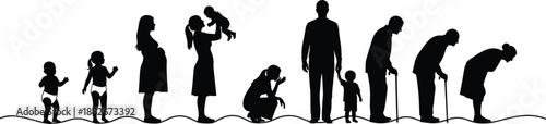 Human life cycle silhouette illustration showing growth from baby to adult and aging into old age, family generations concept in clean black vector style
