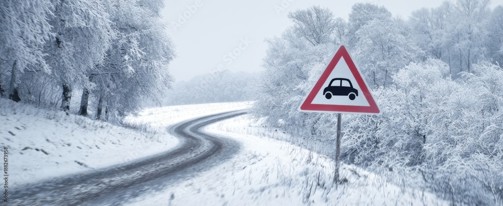 Obraz premium The Road Winding Through Snow with a Car Warning Sign in Frosty Countryside