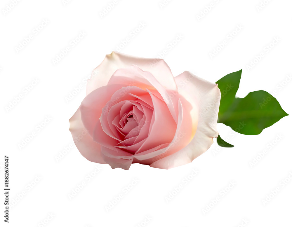 Naklejka premium Delicate pink rose blossom with green leaves, isolated on black