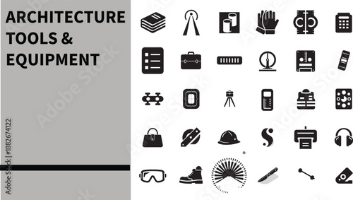 Vector Glyph icons set of Architectural Tools & Equipment, blueprints, construction tools, house plans, location markers, engineering equipment, and real estate design projects.