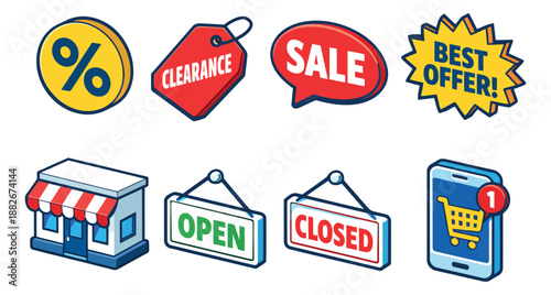 Isometric cartoon style shopping and marketing icons set featuring sales tags, store signs, and mobile commerce for retail promotions