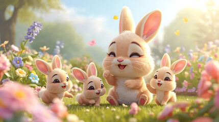 Group of cute white bunnies sitting in field of flowers