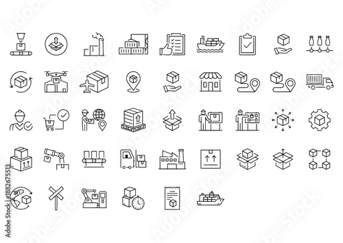 Comprehensive Logistics and Supply Chain Icon Set Featuring Warehouse Management, Global Shipping, Cargo Transportation, Automated Manufacturing, and Delivery Service Vector Line Art Symbols