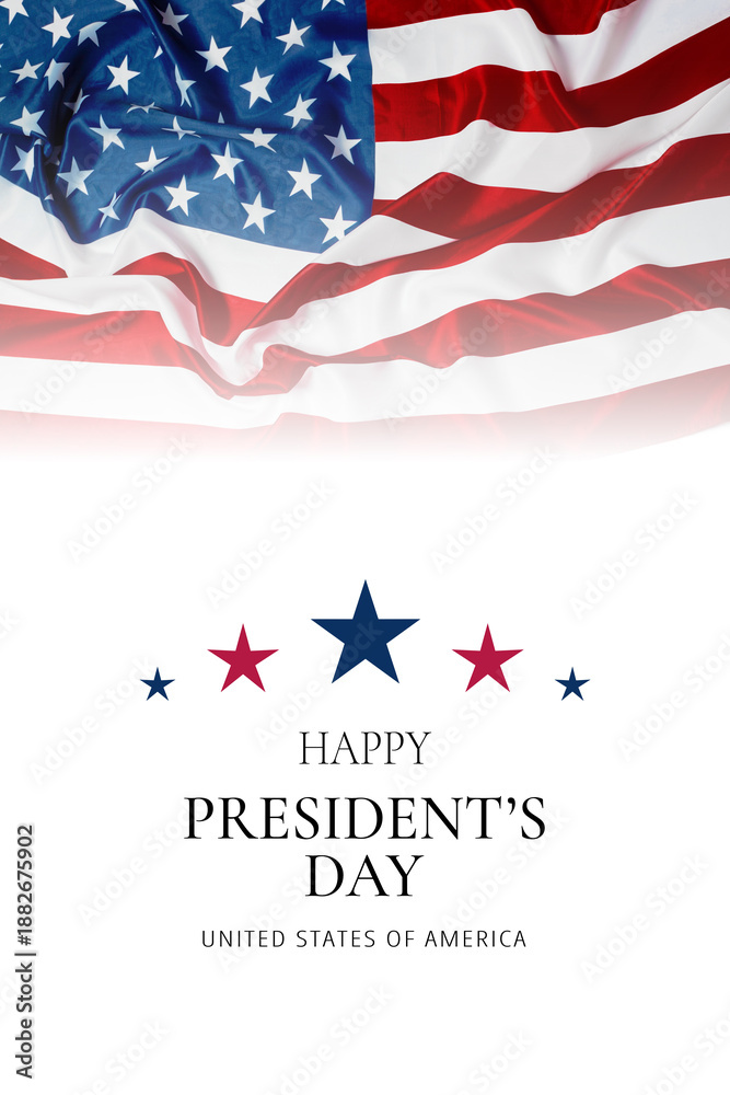 Fototapeta premium Celebration of Presidents Day with American flag in background and message of holiday