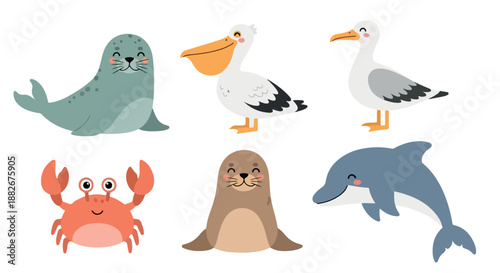 Seals, pelicans, crabs, dolphins with transparent background