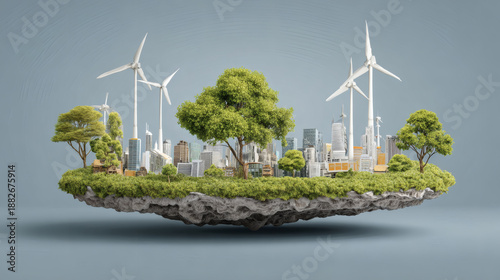 Sustainable city green infrastructure renewable energy eco friendly urban landscape floating island concept modern skyline wind turbine tree environment