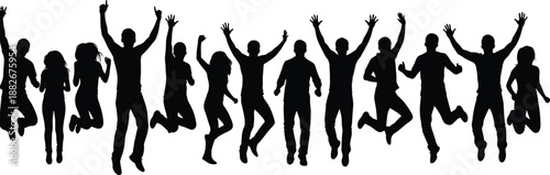 Happy people silhouette group jumping together expressing joy, freedom, unity, and celebration for lifestyle, youth, teamwork, and positive energy concept designs