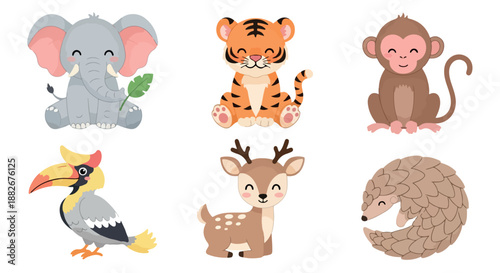 Photography Cute animal characters elephant tiger monkey deer pangolin hornbill with transpa