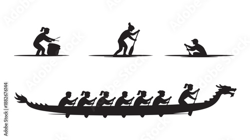 Dragon Boat Silhouette Paddling on Water with Crew Members