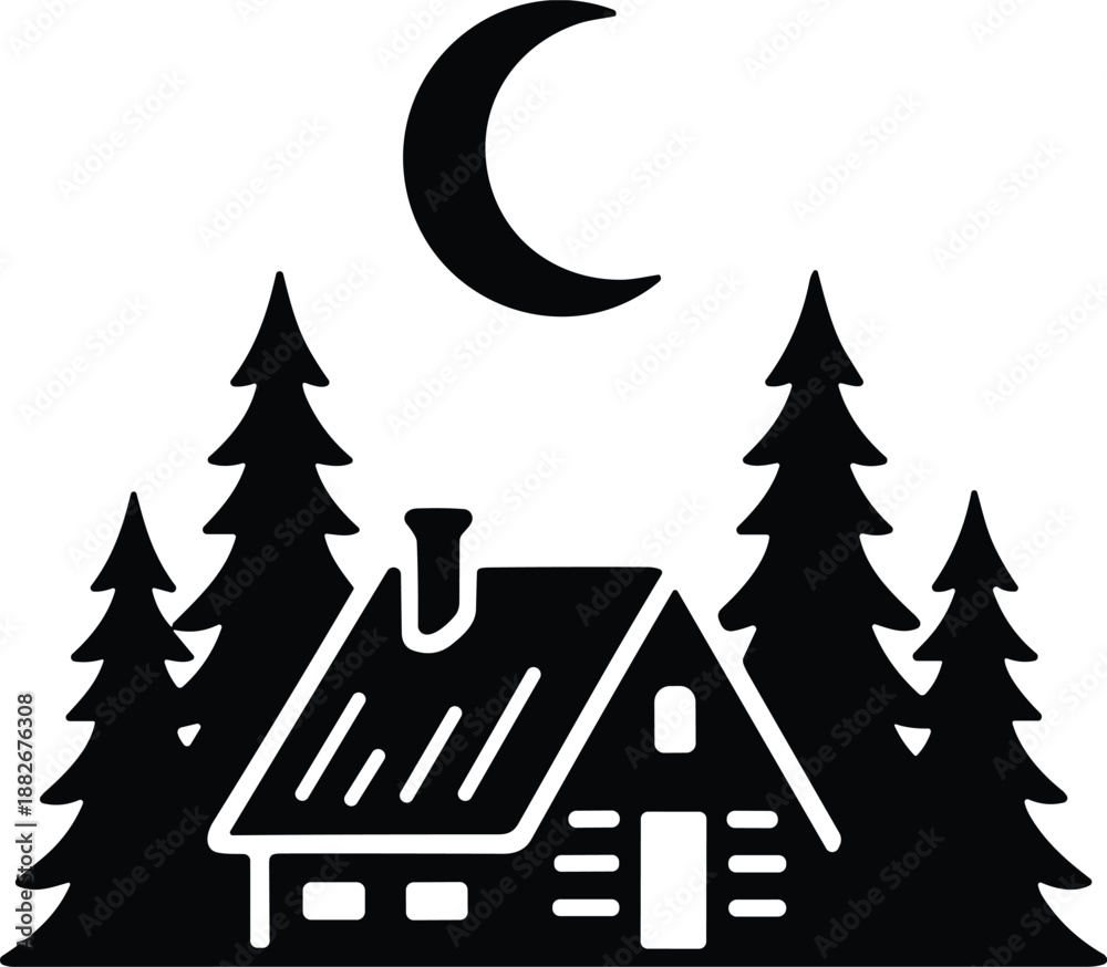 Fototapeta premium Minimal vector silhouette, small cabin in the woods with pine trees and a crescent moon above, solid black, isolated on white.
