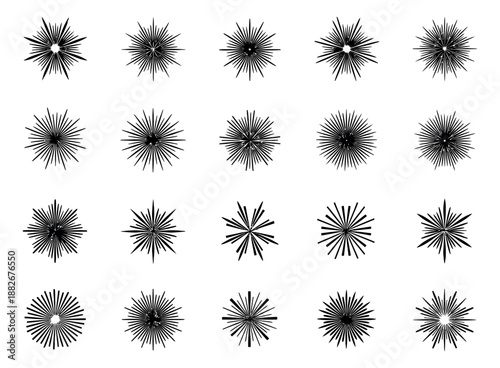 Hand drawn burst elements set featuring various sunburst and starburst shapes for design projects