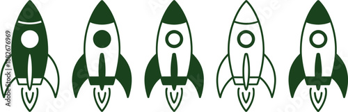 Five dark green rocket silhouettes lined up in a row on transparent background high-quality professional detailed modern elegant stylish clean