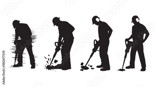 Construction Worker Silhouettes Digging with Jackhammer