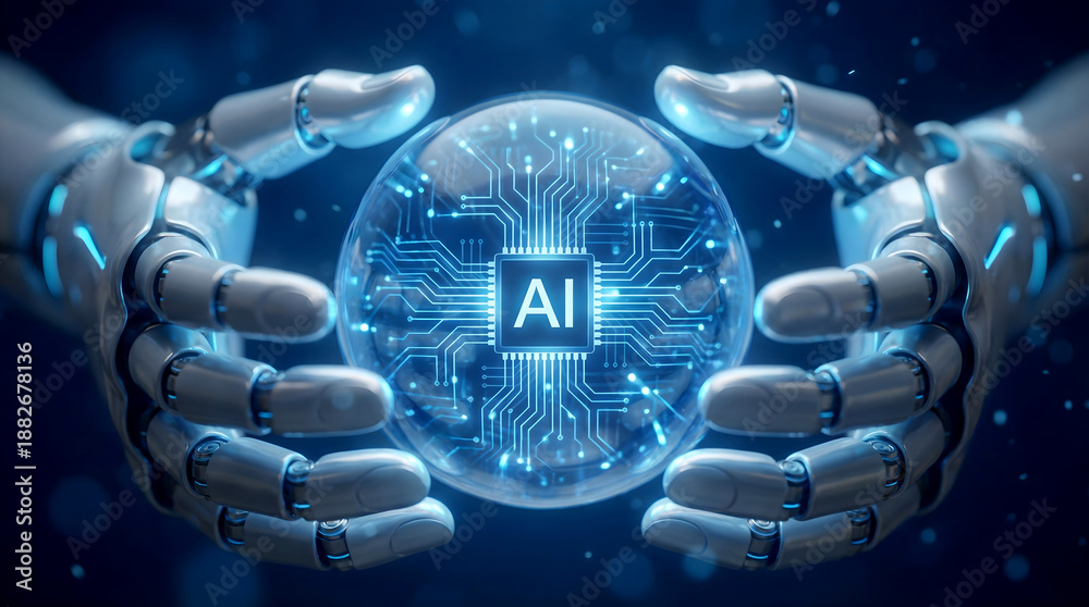 Robot hands holding glowing AI core sphere with digital circuit network ...