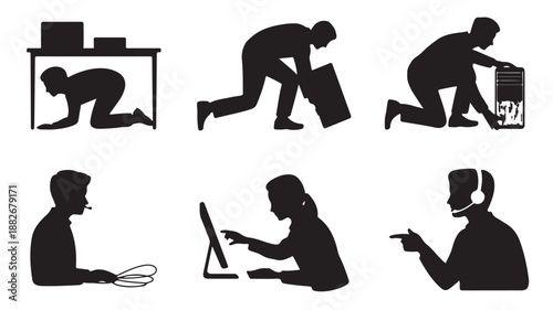 People Working on Computers and Moving Office Furniture Silhouettes