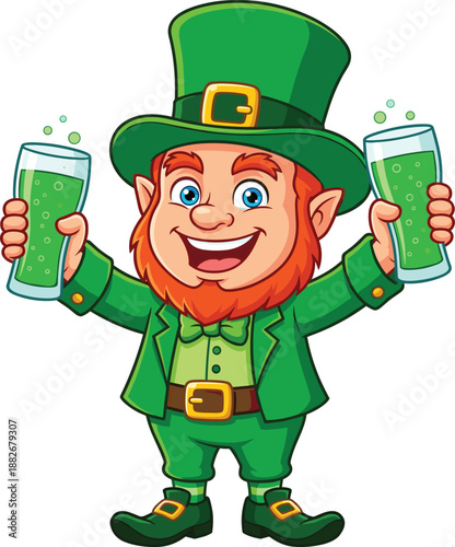 Cheerful cartoon leprechaun in a green suit and hat holding two glasses of green bubbly drink with a wide smile