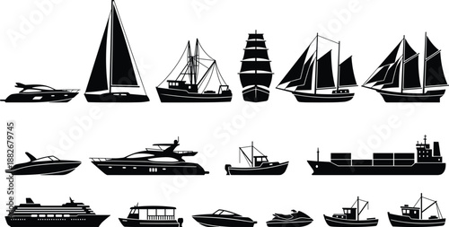 Boat and ship silhouette set, marine vessel collection, black vector icons, water transport, nautical design, sailing, fishing, cargo, recreation