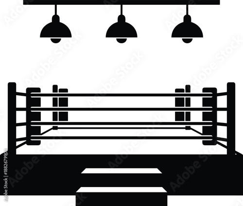 Boxing ring silhouette, black and white vector, sports arena illustration, fight stage, athletic venue, ropes, spotlight, competition, match setup