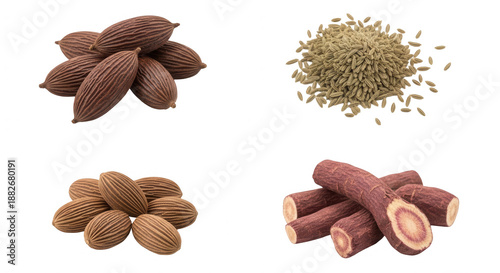 Various spices close up arrangement culinary ingredients transparent background