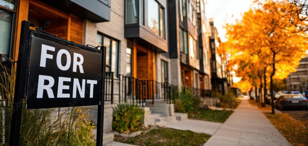 Fototapeta premium The For Rent Sign Outside Modern Townhouses on a Quiet Autumn Residential Street