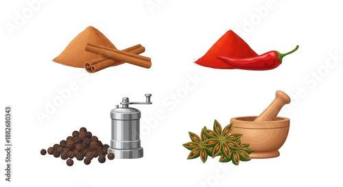 Various spices display cinnamon sticks and powder red pepper transparent background