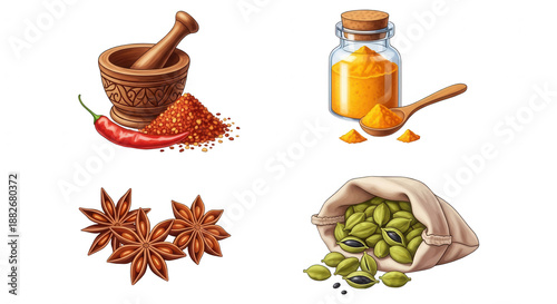 Various spices display food ingredients arrangement culinary illustration