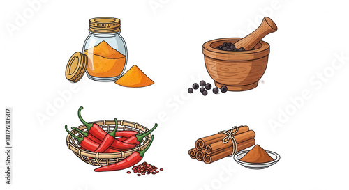 Various spices display jar turmeric mortar pepper basket chili peppers cinnamon bundles