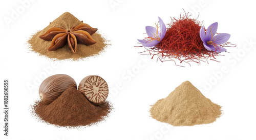 Various spices display transparent background culinary ingredients close up