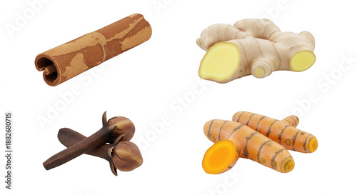 Various spices displayed close up shot fresh ingredients transparent background