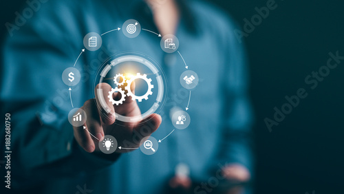 Wallpaper Mural Business process automation concept with digital gears and workflow icons. Smart technology solution for management, strategy planning, optimization, innovation, and corporate efficiency. Torontodigital.ca