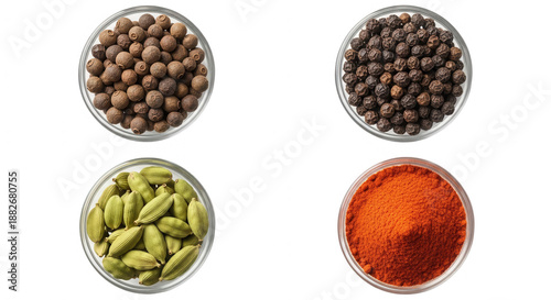 Various spices displayed in bowls culinary ingredients freshness transparency