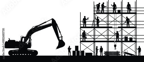Construction site silhouette illustration, black vector graphic, workers on scaffolding, excavator machinery, building process, industrial labor, tools, teamwork, structure