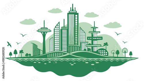 Eco friendly city skyline with green silhouette floating on water symbolizing sustainable urban environment and harmony with nature